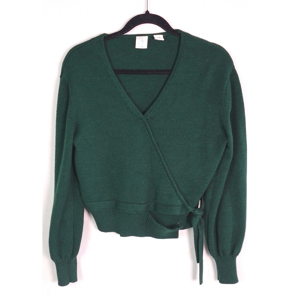 Joie Wrap Sweater Women Size M Green V-Neck Balloon Sleeve Side Tie Knit *NOTE